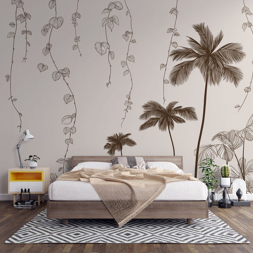 Une chambre moderne avec un papier peint illustrant des palmiers et des lianes délicates, créant une atmosphère tropicale et apaisante.
