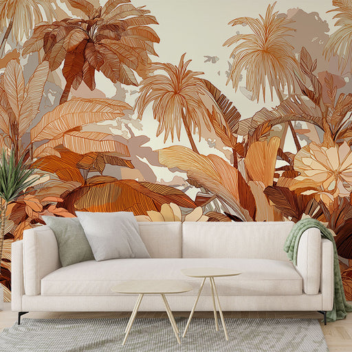 Une pièce de salon avec un papier peint tropical aux teintes chaudes d'orange et de beige, évoquant une ambiance chaleureuse et accueillante.