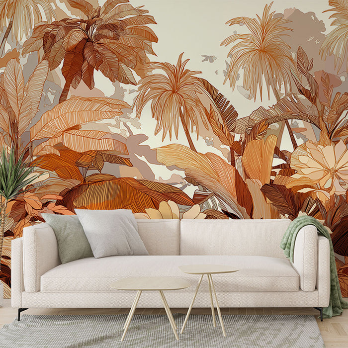 Une pièce de salon avec un papier peint tropical aux teintes chaudes d'orange et de beige, évoquant une ambiance chaleureuse et accueillante.