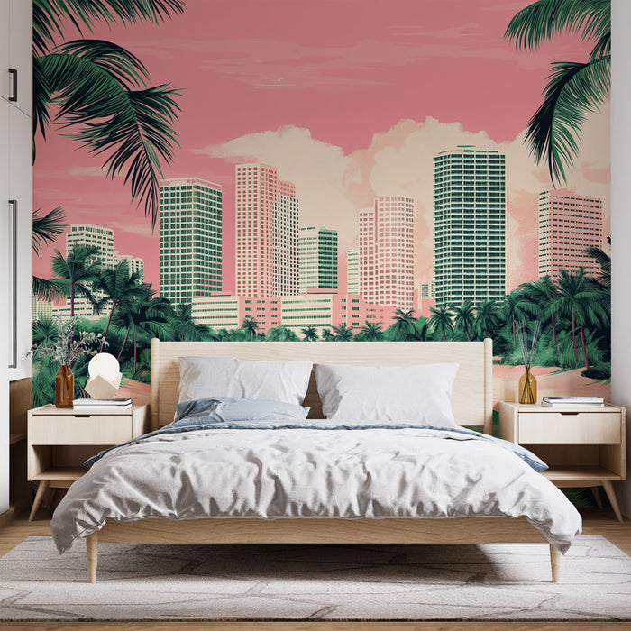 Une chambre moderne avec un papier peint tropical représentant une ville en rose et vert, entourée de palmiers, créant une ambiance estivale et dynamique.