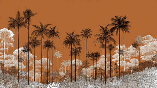 Papier peint tropiques Éléments botaniques sur fond ocre avec palmiers stylisés