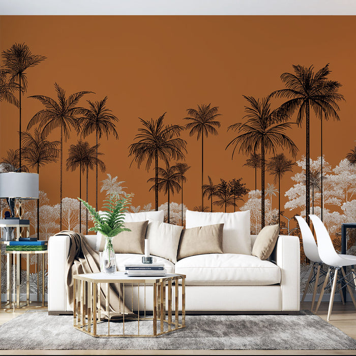Une pièce moderne avec un papier peint tropical brun orangé illustrant des palmiers noirs et des feuillages délicats, créant une atmosphère chaleureuse et accueillante.