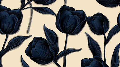 Papier peint tulipes Bleu fonce sur beige