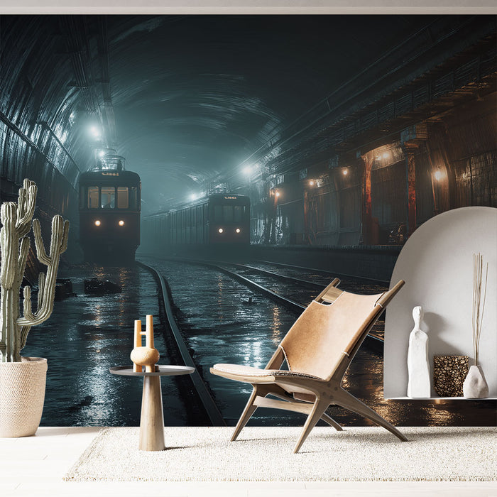 Papier peint tunnel de métro | Atmosphère mystérieuse et urbaine avec éclairage dramatique