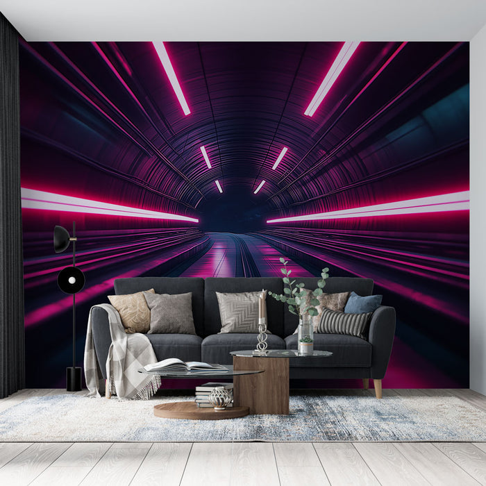 Papier peint tunnel futuriste | Tunnel illuminé par des néons roses