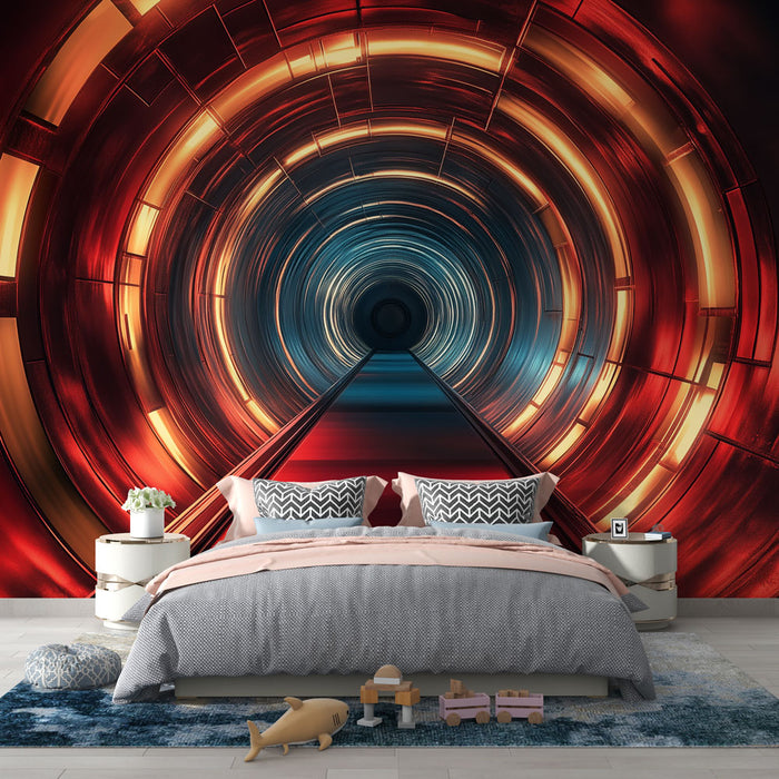 Papier peint tunnel futuriste | Tunnel vibrant avec lumières rouges et bleues