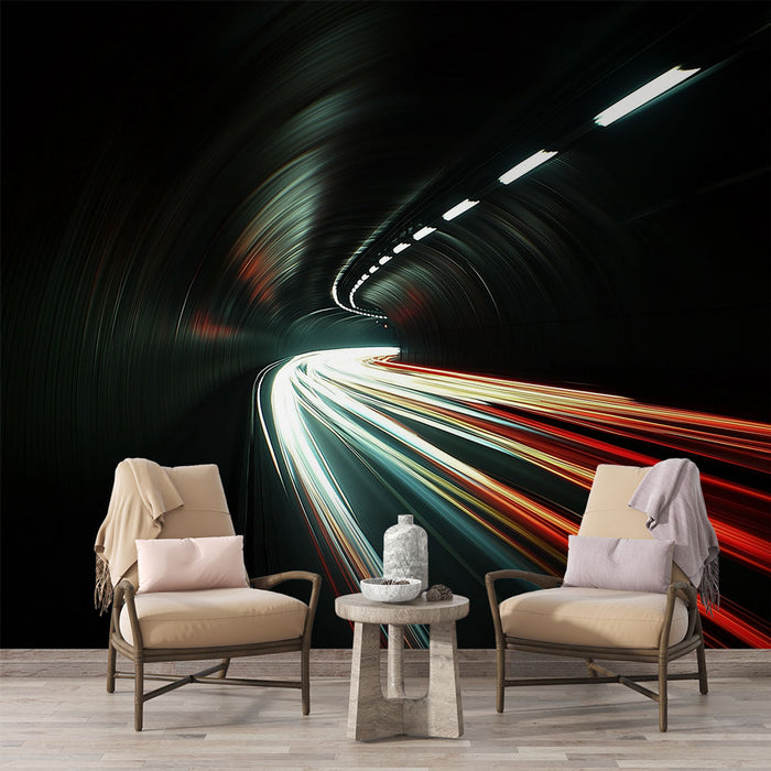 Une pièce moderne avec un papier peint représentant un tunnel dynamique, où des lumières blanches et rouges évoquent une sensation de vitesse et de mouvement.