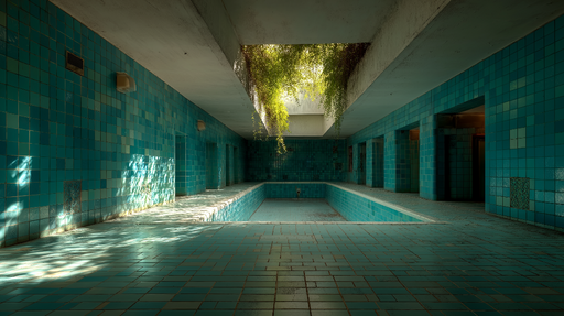 Papier peint turquoise Ambiance piscine avec lumière naturelle et végétation