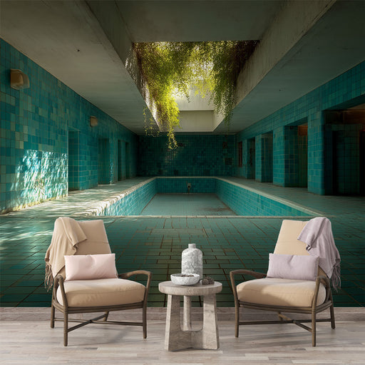 Une pièce de style industriel avec un papier peint turquoise aux carreaux, évoquant une atmosphère apaisante et rafraîchissante, agrémentée de touches végétales.