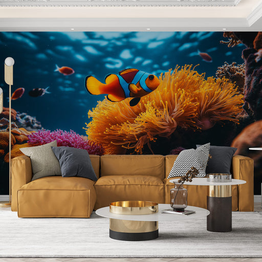 Papier peint sous-marin vibrant avec coraux et poissons colorés pour salon moderne.