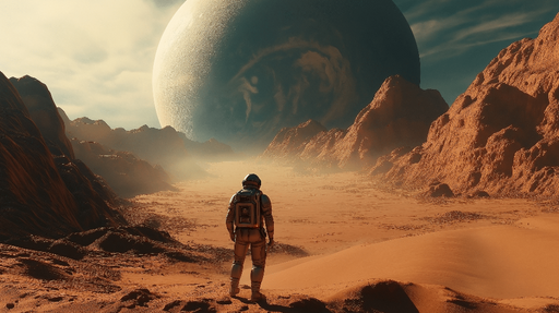 Papier peint univers Exploration spatiale avec un astronaute sur une planète désertique