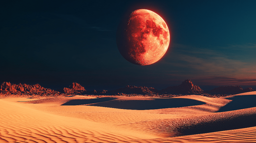 Papier peint univers Lune rouge sur un paysage désertique