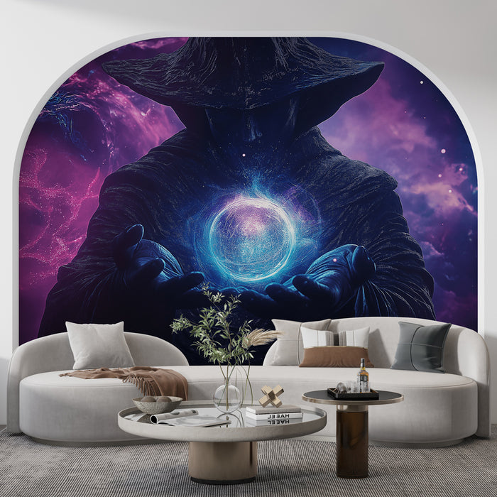 Papier peint univers magique | Mage mystérieux tenant une sphère lumineuse