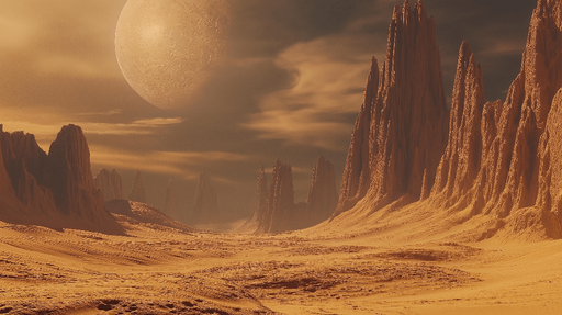 Papier peint univers Paysage désertique avec formations rocheuses majestueuses et une grande planète en arrière-plan