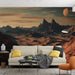 Un salon moderne avec un papier peint représentant un paysage montagneux extraterrestre aux teintes chaudes et mystérieuses, créant une atmosphère intrigante et apaisante.