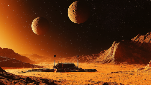 Papier peint univers Paysage martien avec deux lunes et une base spatiale