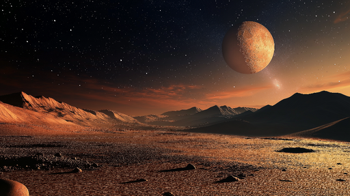 Papier peint univers Paysage martien avec un ciel étoilé et une planète en arrière-plan