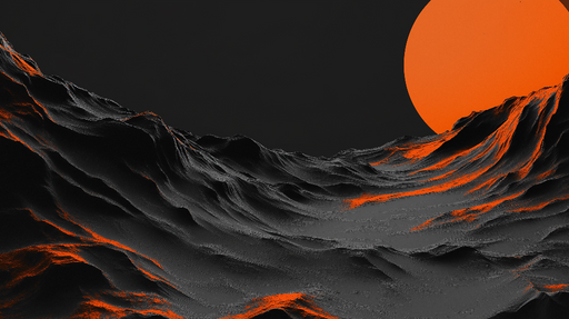 Papier peint univers Paysage montagneux en noir et orange avec un soleil éclatant