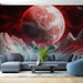 Un salon moderne avec un papier peint représentant un paysage extraterrestre rouge et bleu, créant une atmosphère à la fois futuriste et captivante.