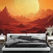 Une chambre moderne avec un papier peint représentant un paysage martien aux teintes rouges et oranges, créant une atmosphère à la fois chaleureuse et intrigante.