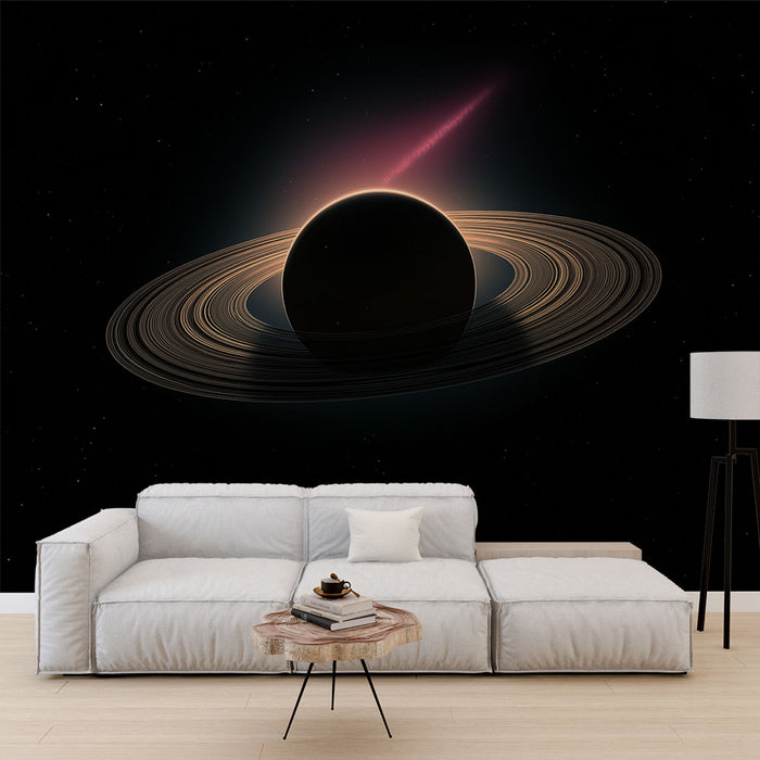 Un salon moderne avec un papier peint cosmique représentant une planète aux anneaux brillants sur fond noir étoilé, créant une atmosphère intrigante et mystérieuse.