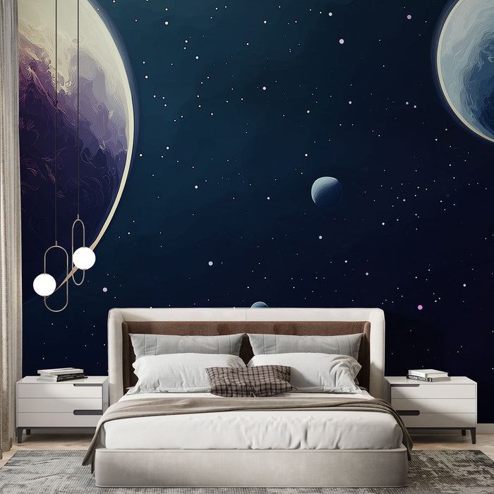 Papier peint univers planètes et étoiles pour chambre moderne et élégante