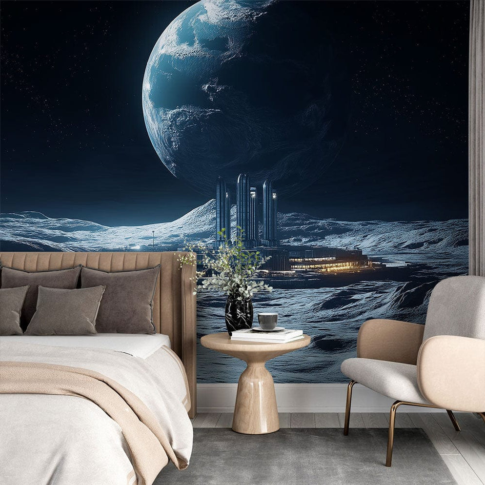 Papier peint univers | Scène lunaire futuriste avec la Terre en arrièr ...