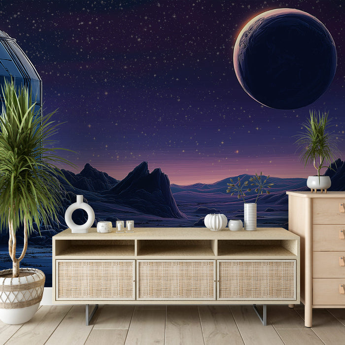 Une pièce moderne avec un papier peint représentant un paysage spatial étoilé aux teintes violettes et bleues, créant une atmosphère mystique et apaisante.