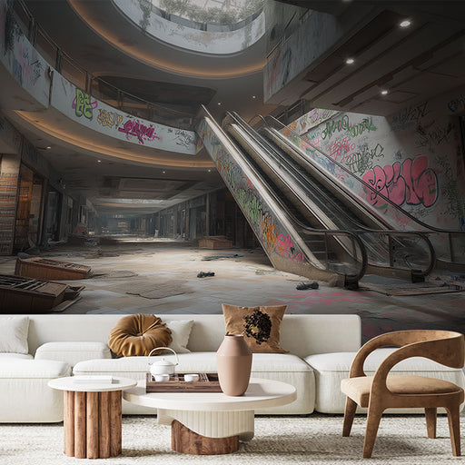 Un salon contemporain avec un papier peint représentant un centre commercial abandonné, où des graffitis colorés contrastent avec l'atmosphère désolée et urbaine.