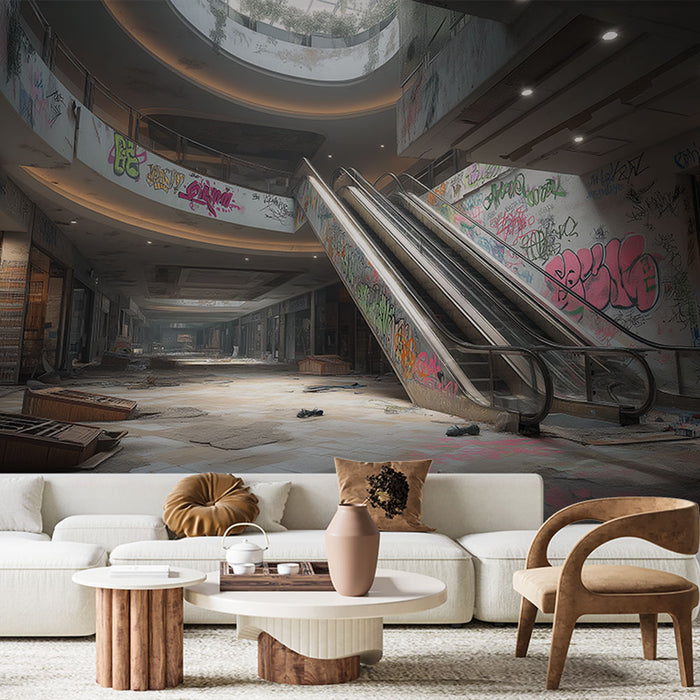 Un salon contemporain avec un papier peint représentant un centre commercial abandonné, où des graffitis colorés contrastent avec l'atmosphère désolée et urbaine.