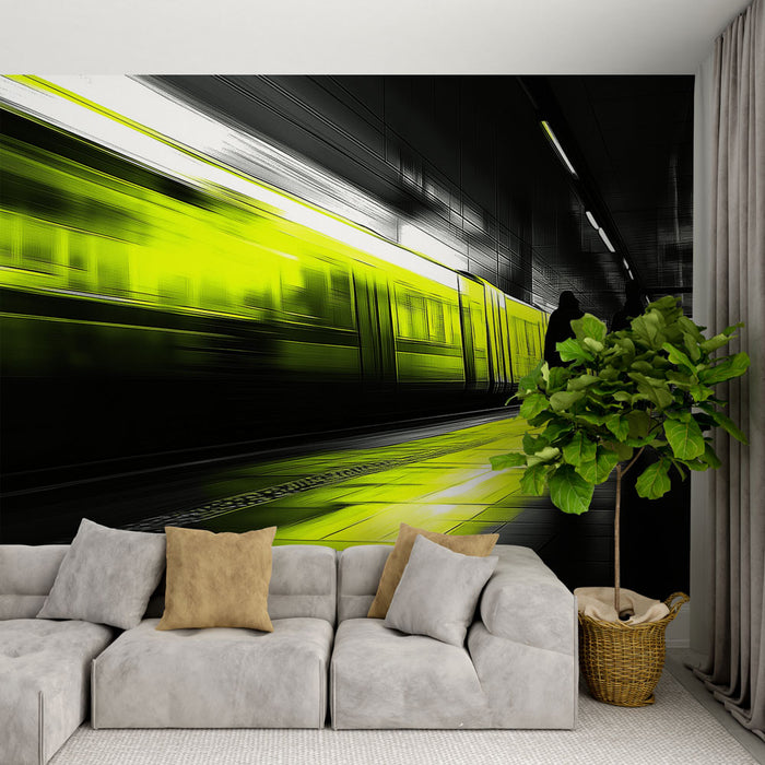 Une salle de séjour contemporaine avec un papier peint abstrait représentant un train en mouvement, mêlant des teintes de noir et de vert vif, créant une ambiance dynamique et urbaine.