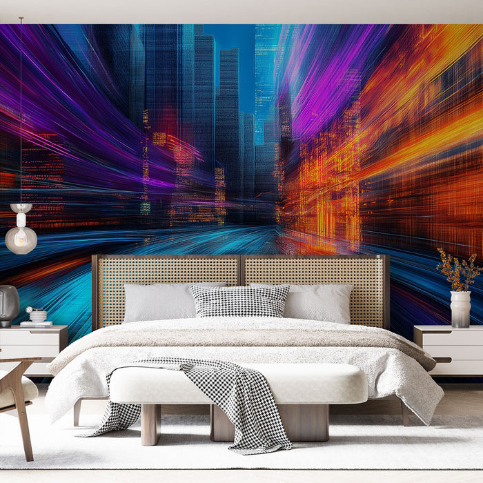 Une chambre moderne avec un papier peint dynamique représentant une scène urbaine aux couleurs vives de bleu, violet et orange, créant une atmosphère énergique et contemporaine.