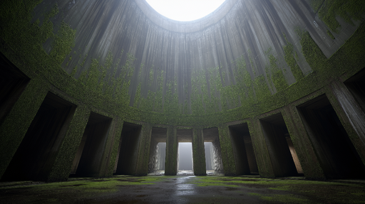 Papier peint urbex Intérieur d'un espace circulaire avec éclairage naturel et touches de verdure