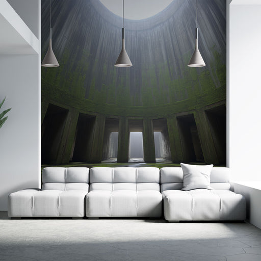 Un salon moderne avec un papier peint représentant un espace intérieur mystérieux et verdoyant, évoquant une ambiance à la fois intrigante et apaisante.