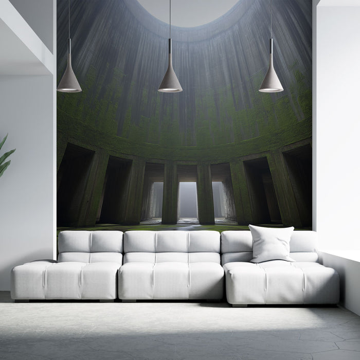 Un salon moderne avec un papier peint représentant un espace intérieur mystérieux et verdoyant, évoquant une ambiance à la fois intrigante et apaisante.