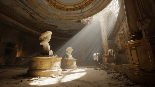 Papier peint urbex Pièce éclairée par des rayons de lumière à travers des fenêtres poussiéreuses