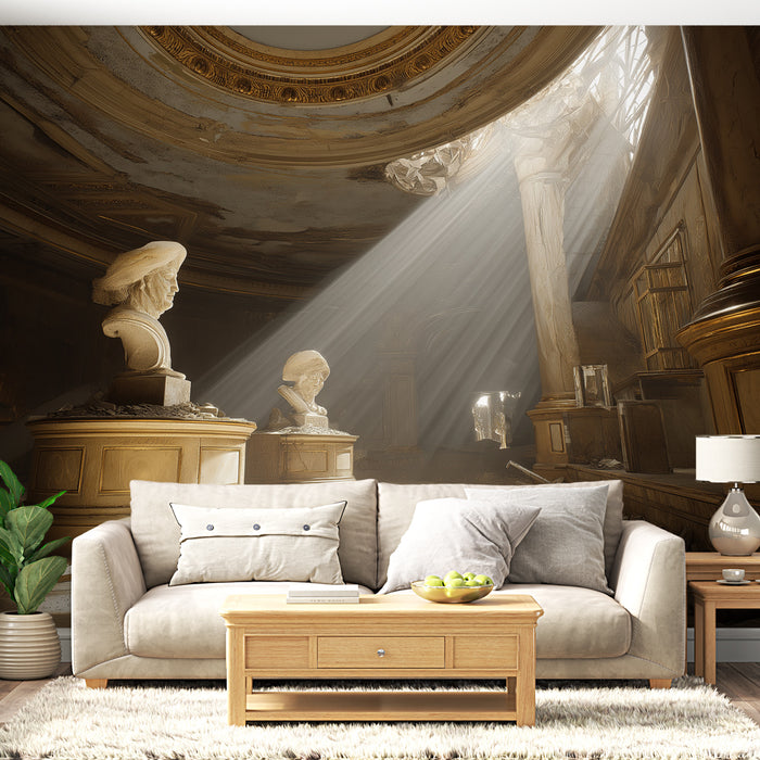 Une pièce élégante avec un papier peint représentant une scène de musée illuminée par des rayons de lumière, évoquant une atmosphère historique et artistique.