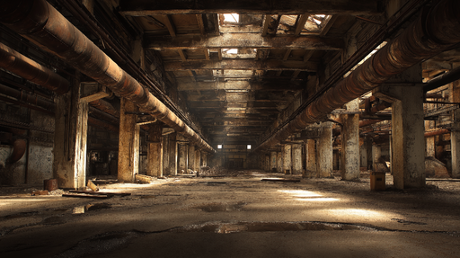 Papier peint usine abandonnée Ambiance industrielle avec lumière tamisée et structures métalliques