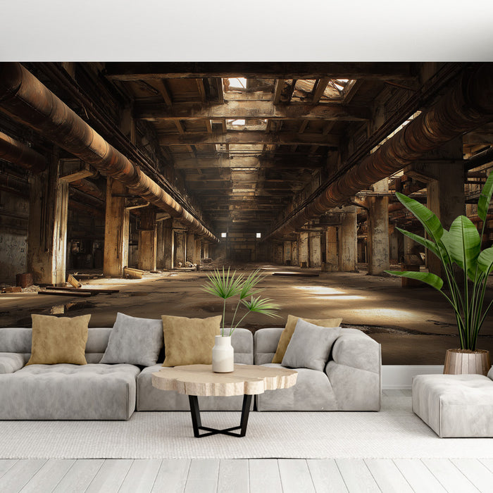 Un salon contemporain avec un papier peint représentant une vaste usine abandonnée, évoquant une atmosphère industrielle et nostalgique, avec des teintes brunes et des jeux de lumière.