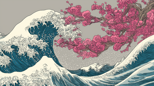 Papier peint vague et cerisier Vagues dynamiques et fleurs roses en contraste