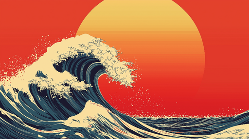 Papier peint vague Illustration de vague et soleil couchant