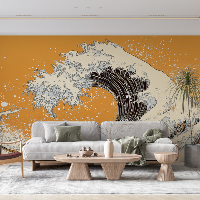 Papier peint vague | Illustration stylisée des vagues sur fond orange