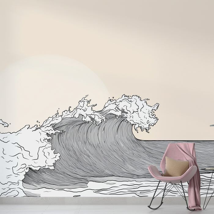 Papier peint mural avec illustrations stylisées de vagues marines pour décoration intérieure moderne