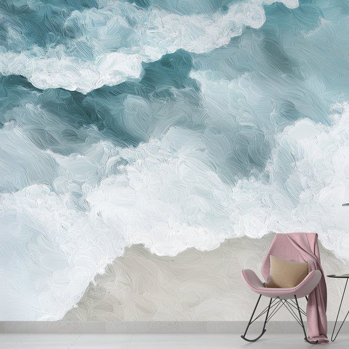 Une pièce moderne avec un papier peint abstrait représentant des vagues dans des teintes de bleu et blanc, créant une atmosphère apaisante et aérienne.