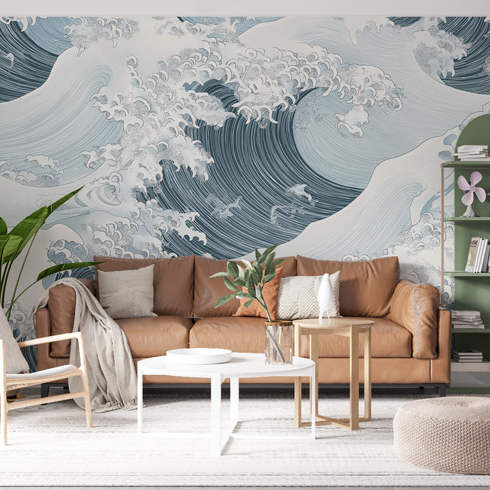 Papier peint vague bleu et blanc avec motif de vagues stylisées pour salon moderne