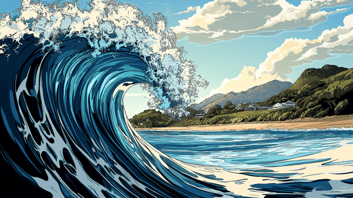 Papier peint vague océanique Vague dynamique d'un bleu éclatant avec une vue sur la plage