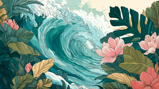 Papier peint vague océanique Vague dynamique entourée de fleurs tropicales vibrantes