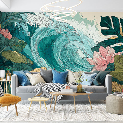 Un salon moderne avec un papier peint représentant une vague turquoise dynamique entourée de feuilles tropicales et de fleurs, créant une atmosphère vivante et apaisante.