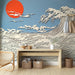 Papier peint mural avec grande vague texturée et soleil rouge pour décoration intérieure moderne