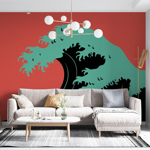 Un salon contemporain avec un papier peint représentant une grande vague stylisée turquoise sur fond rouge, créant une ambiance dynamique et artistique.